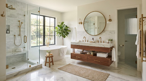Bathroom design inspiration with light tile, dark cabinetry, and brass fixtures