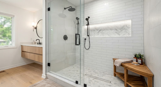 Tub-to-shower design inspiration with frameless glass, an accent niche, dark hardware, and bench seating