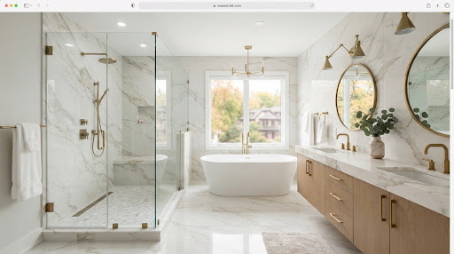 Spa bathroom design inspiration with large-format wall surfaces, a curbless shower, brass hardware, and freestanding tub